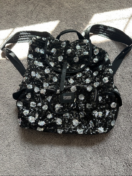 PINK Victoria's Secret Handbags - PINK Victoria's Secret Black Sequin Floral Drawstring Backpack